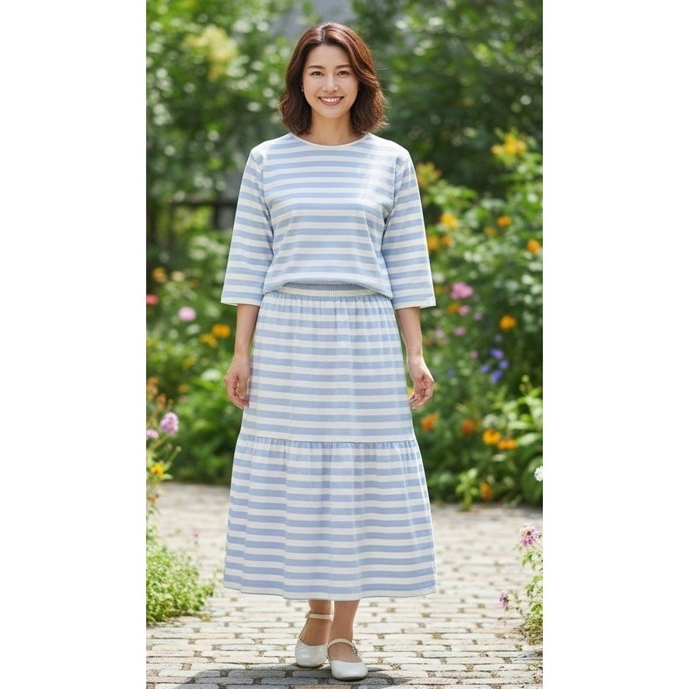 Blake by Devon Skirt Top Set Women's M Striped 3/4 Sleeve Pleated Boho Preppy